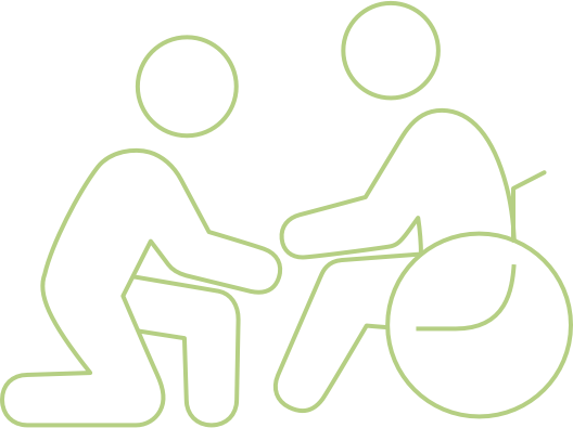 Outline of person assisting another person in a wheelchair, representing assisted living services
