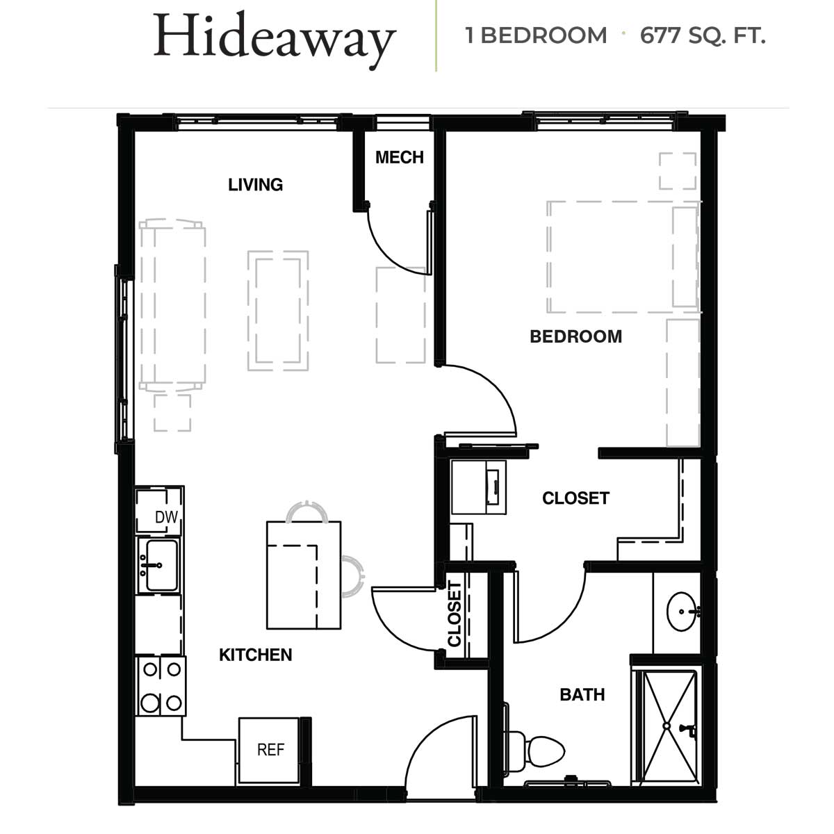 Floor plan of a one-bedroom apartment layout named Hideaway, covering a total area of 677 square feet.