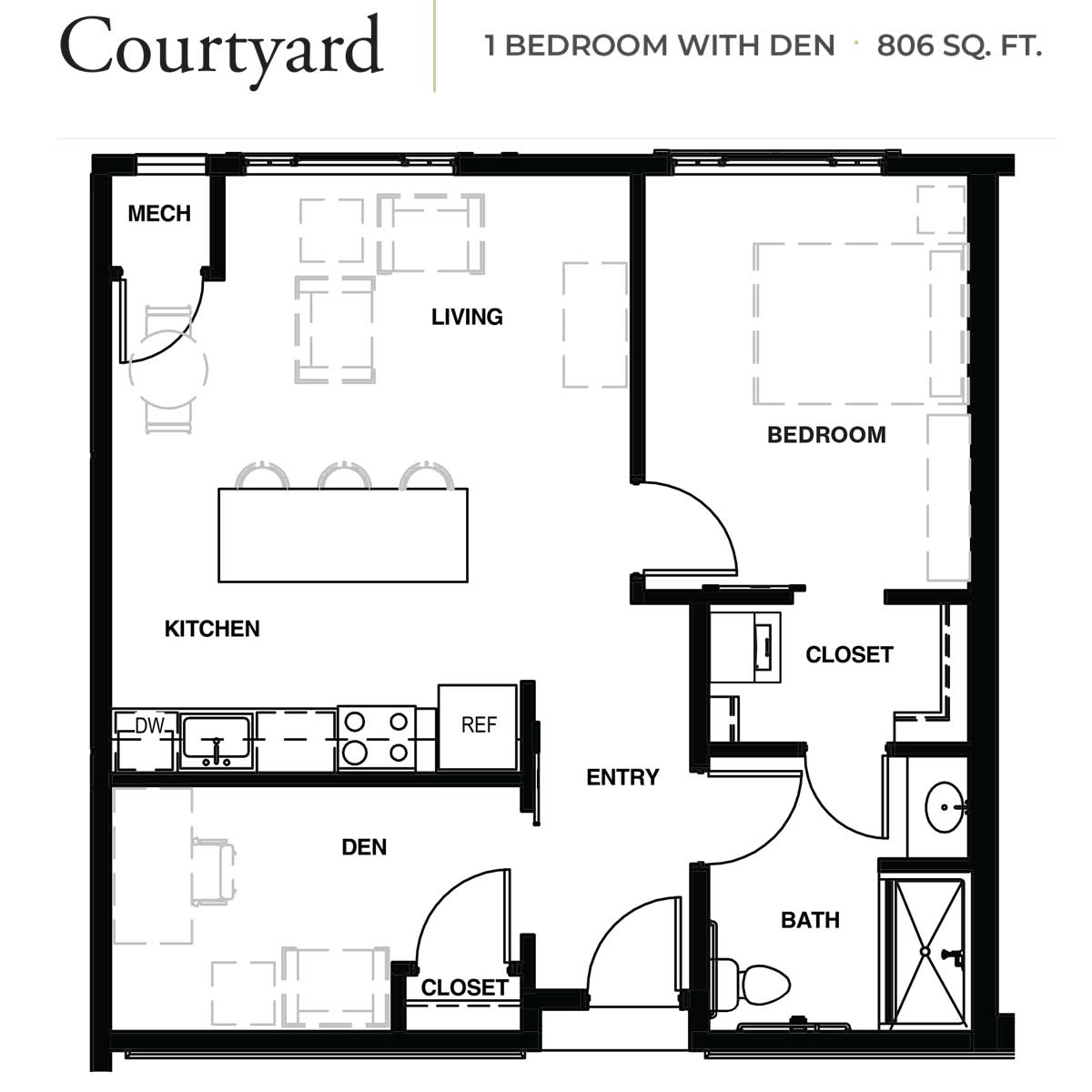 Diagram of a 1 bedroom with den, 806 sq. ft floor plan labeled Courtyard.