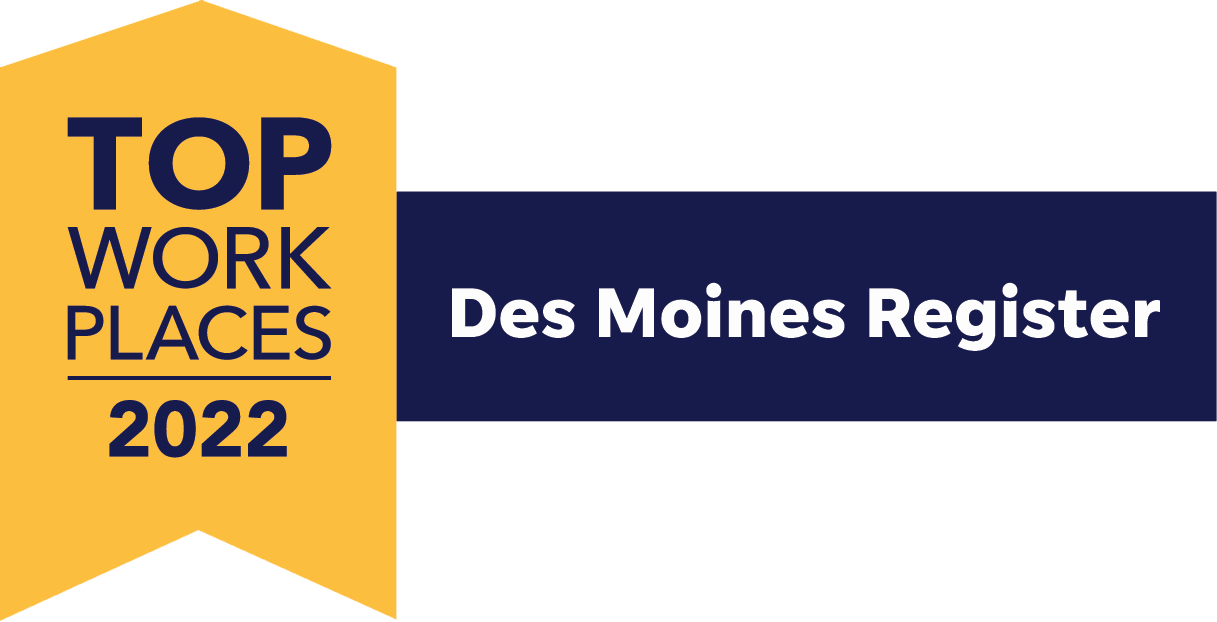 Des Moines Register Top Workplaces 2022 award badge with yellow and navy design