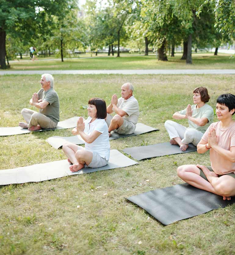 A group of seniors practicing yoga in a park, sitting cross-legged on mats in a serene outdoor setting.