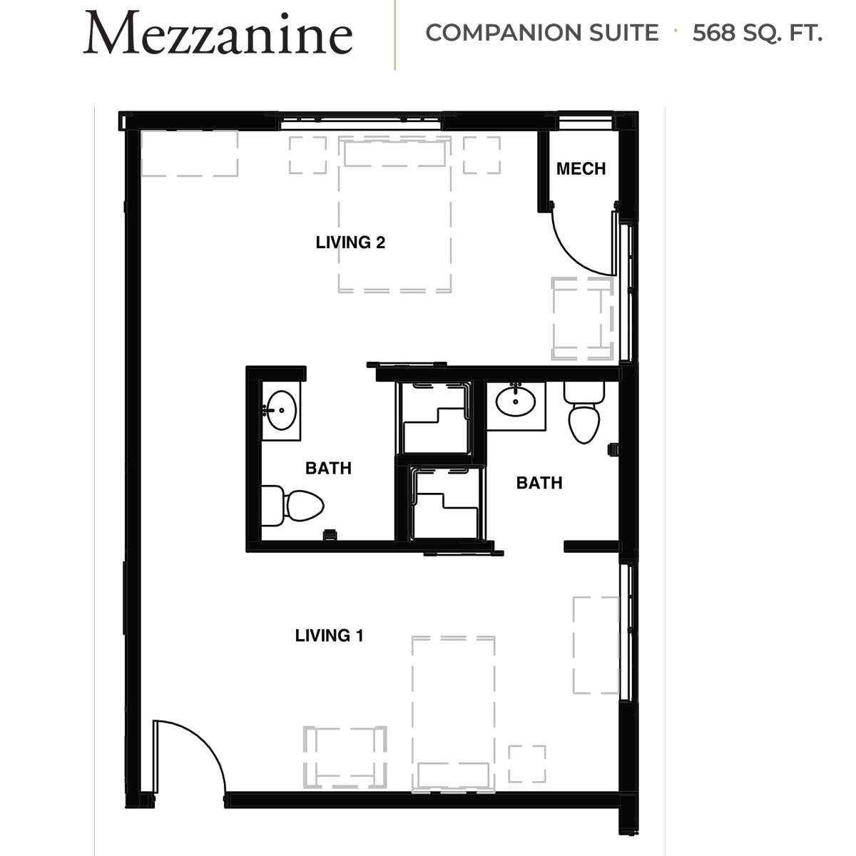 Floor plan of the Mezzanine Companion Suite with 568 square feet, featuring two living areas and two bathrooms.