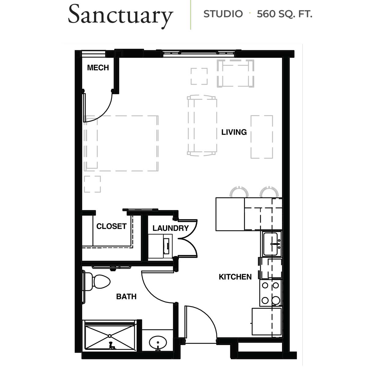 Sanctury studio apartment floor plan featuring a living area, kitchen, bath, closet, and laundry.