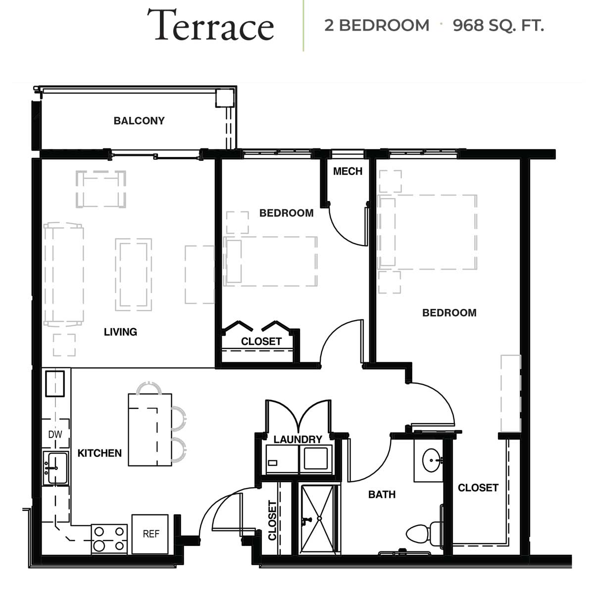 Floor plan of a two-bedroom apartment with a balcony, kitchen, and living area